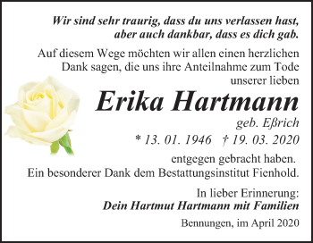 Traueranzeige von Erika Hartmann von Mitteldeutsche Zeitung Sangerhausen