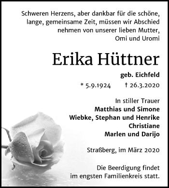 Traueranzeige von Erika Hüttner von Super Sonntag Quedlinburg
