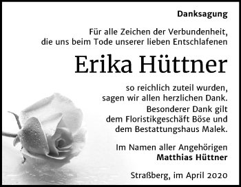 Traueranzeige von Erika Hüttner von Mitteldeutsche Zeitung Quedlinburg