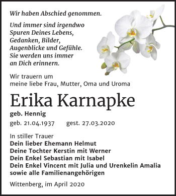 Traueranzeige von Erika Karnapke von Mitteldeutsche Zeitung Wittenberg