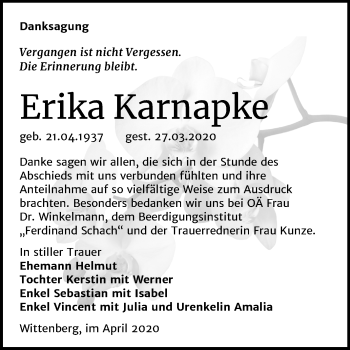 Traueranzeige von Erika Karnapke von Super Sonntag Wittenberg
