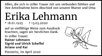 Traueranzeige von Erika Lehmann von Super Sonntag Wittenberg