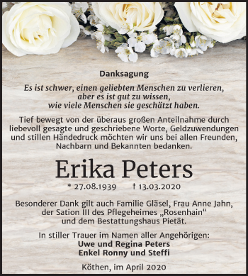 Traueranzeige von Erika Peters von Super Sonntag Köthen