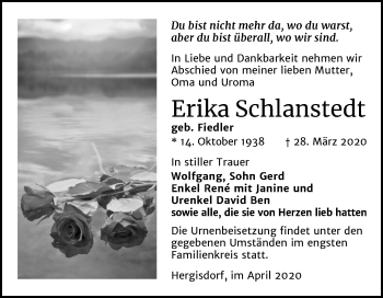 Traueranzeige von Erika Schlanstedt von Mitteldeutsche Zeitung Mansfelder Land