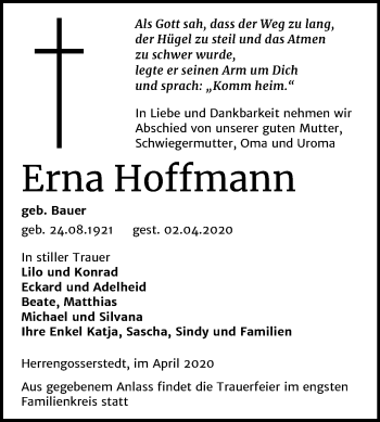 Traueranzeige von Erna Hoffmann von Mitteldeutsche Zeitung Naumburg/Nebra