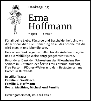 Traueranzeige von Erna Hoffmann von Mitteldeutsche Zeitung Naumburg/Nebra