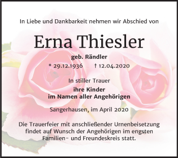 Traueranzeige von Erna Thiesler von Super Sonntag Sangerhausen