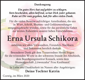 Traueranzeige von Erna Ursula Schikora von Mitteldeutsche Zeitung Wittenberg