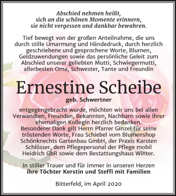 Traueranzeige von Ernestine Scheibe von Mitteldeutsche Zeitung Bitterfeld