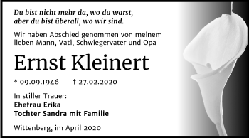 Traueranzeige von Ernst Kleinert von Super Sonntag Wittenberg