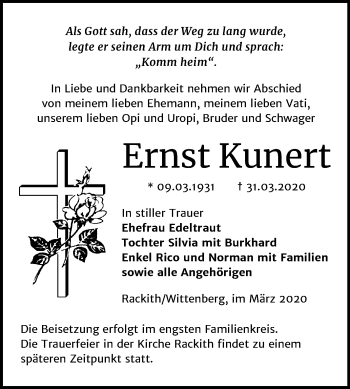 Traueranzeige von Ernst Kunert von Super Sonntag Wittenberg