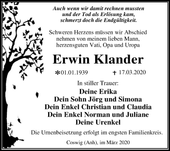 Traueranzeige von Erwin Klander von Super Sonntag Wittenberg