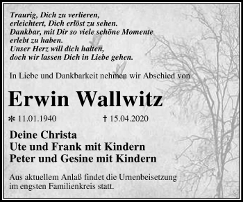 Traueranzeige von Erwin Wallwitz von Super Sonntag Wittenberg
