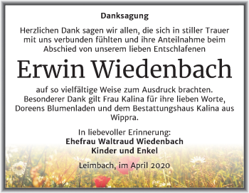 Traueranzeige von Erwin Wiedenbach von Super Sonntag Mansfelder Land