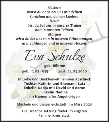 Traueranzeige von Eva Schulze von Mitteldeutsche Zeitung Merseburg/Querfurt
