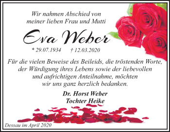 Traueranzeige von Eva Weber von Mitteldeutsche Zeitung Dessau-Roßlau