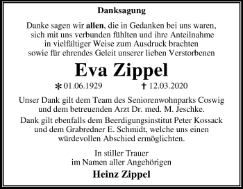 Traueranzeige von Eva Zippel von Mitteldeutsche Zeitung Wittenberg
