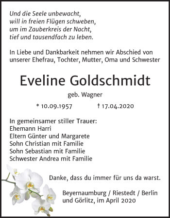 Traueranzeige von Eveline Goldschmidt von Mitteldeutsche Zeitung Sangerhausen