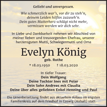Traueranzeige von Evelyn König von Super Sonntag Wittenberg