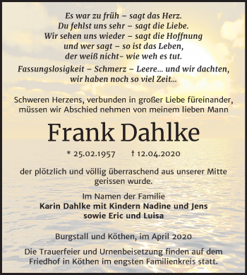 Traueranzeige von Frank Dahlke von Super Sonntag Köthen