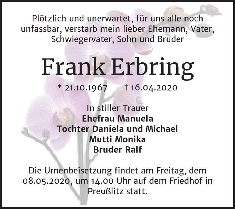  Traueranzeige für Frank Erbring vom 25.04.2020 aus Mitteldeutsche Zeitung Bernburg