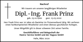 Traueranzeige von Frank Prinz von Mitteldeutsche Zeitung Halle/Saalkreis