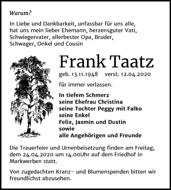Traueranzeige von Frank Taatz von Super Sonntag Weißenfels