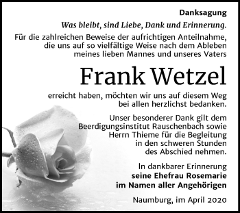 Traueranzeige von Frank Wetzel von Super Sonntag Naumburg/Nebra