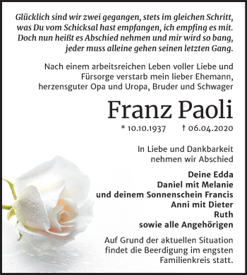 Traueranzeige von Franz Paoli von Super Sonntag Mansfelder Land