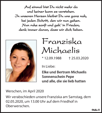 Traueranzeige von Franziska Michaelis von Super Sonntag Weißenfels