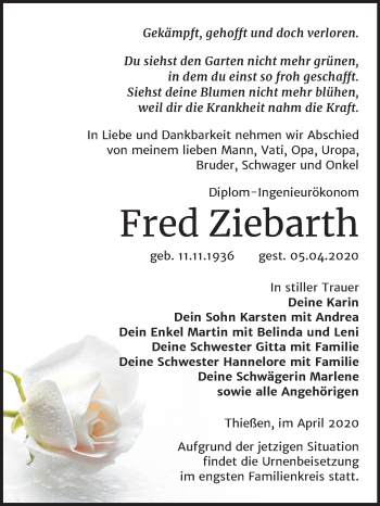 Traueranzeige von Fred Ziebarth von Super Sonntag Wittenberg