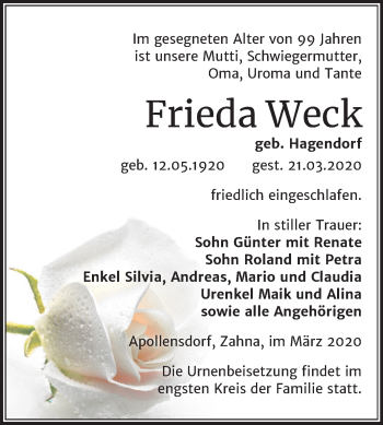 Traueranzeige von Frieda Weck von Super Sonntag Wittenberg