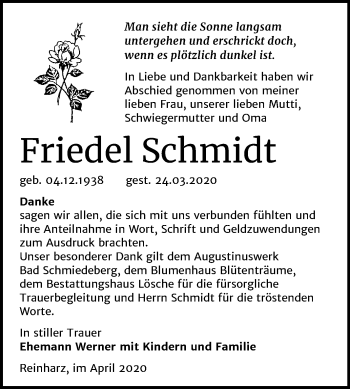 Traueranzeige von Friedel Schmidt von Mitteldeutsche Zeitung Wittenberg