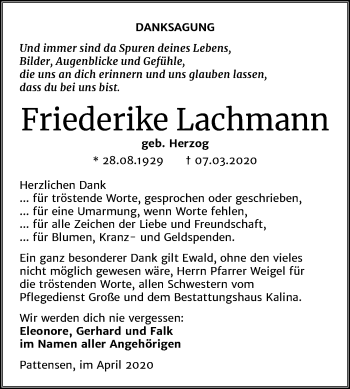 Traueranzeige von Friederike Lachmann von Mitteldeutsche Zeitung Quedlinburg
