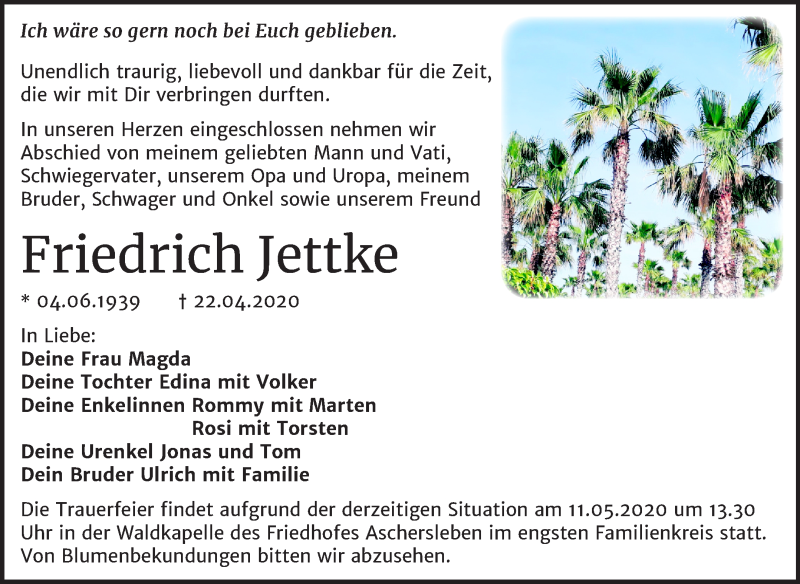  Traueranzeige für Friedrich Jettke vom 30.04.2020 aus Mitteldeutsche Zeitung Aschersleben