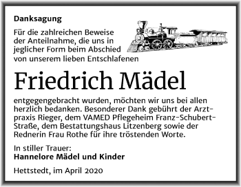 Traueranzeige von Friedrich Mädel von Mitteldeutsche Zeitung Mansfelder Land