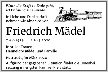 Traueranzeige von Friedrich Mädel von Super Sonntag Mansfelder Land