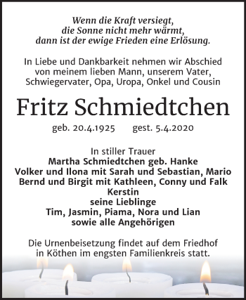Traueranzeige von Fritz Schmiedtchen von Mitteldeutsche Zeitung Köthen