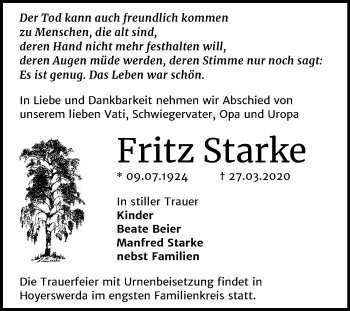 Traueranzeige von Fritz Starke von Mitteldeutsche Zeitung Köthen