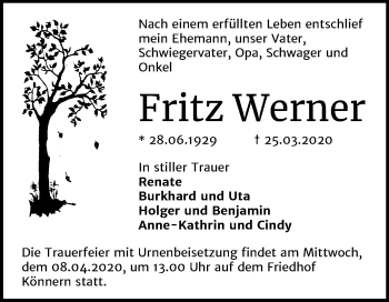 Traueranzeige von Fritz Werner von Super Sonntag Bernburg