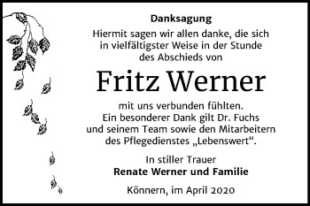 Traueranzeige von Fritz Werner von Mitteldeutsche Zeitung Bernburg
