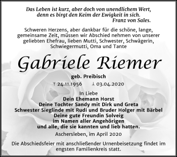 Traueranzeige von Gabriele Riemer von Mitteldeutsche Zeitung Aschersleben