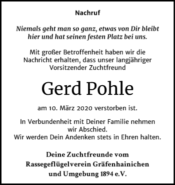 Traueranzeige von Gerd Pohle von Super Sonntag Wittenberg
