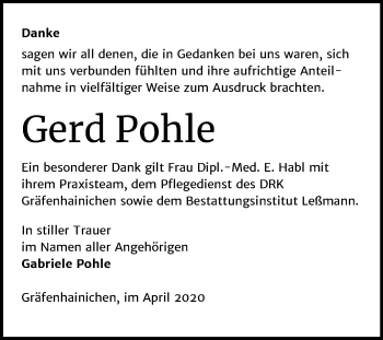 Traueranzeige von Gerd Pohle von Mitteldeutsche Zeitung Wittenberg