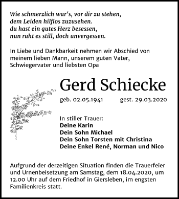 Traueranzeige von Gerd Schiecke von Super Sonntag Aschersleben