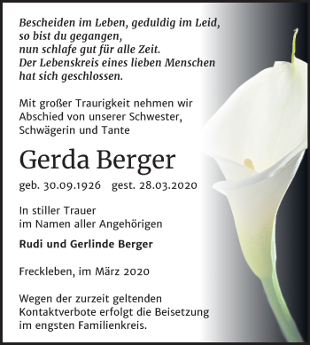 Traueranzeige von Gerda Berger von Mitteldeutsche Zeitung Aschersleben