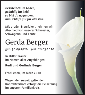 Traueranzeige von Gerda Berger von Super Sonntag Aschersleben