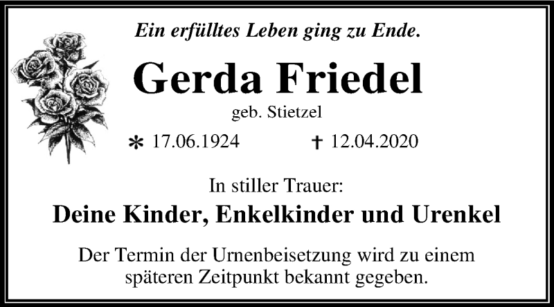 Traueranzeige für Gerda Friedel vom 18.04.2020 aus Mitteldeutsche Zeitung Dessau-Roßlau
