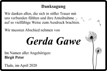 Traueranzeige von Gerda Gawe von Mitteldeutsche Zeitung Quedlinburg