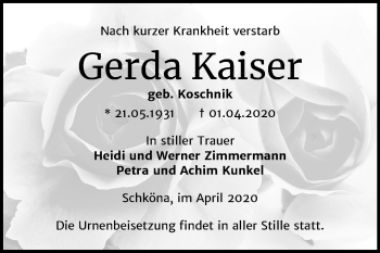 Traueranzeige von Gerda Kaiser von Mitteldeutsche Zeitung Wittenberg